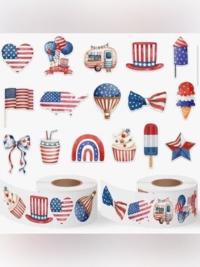 500 Patriotic USA Stickers America 16 Designs Flag Ice Cream Balloons Cupcake